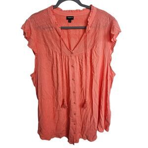 Torrid Top Button Front Blouse Women 4X Orange Flutter Sleeve Blouse V Neck Top